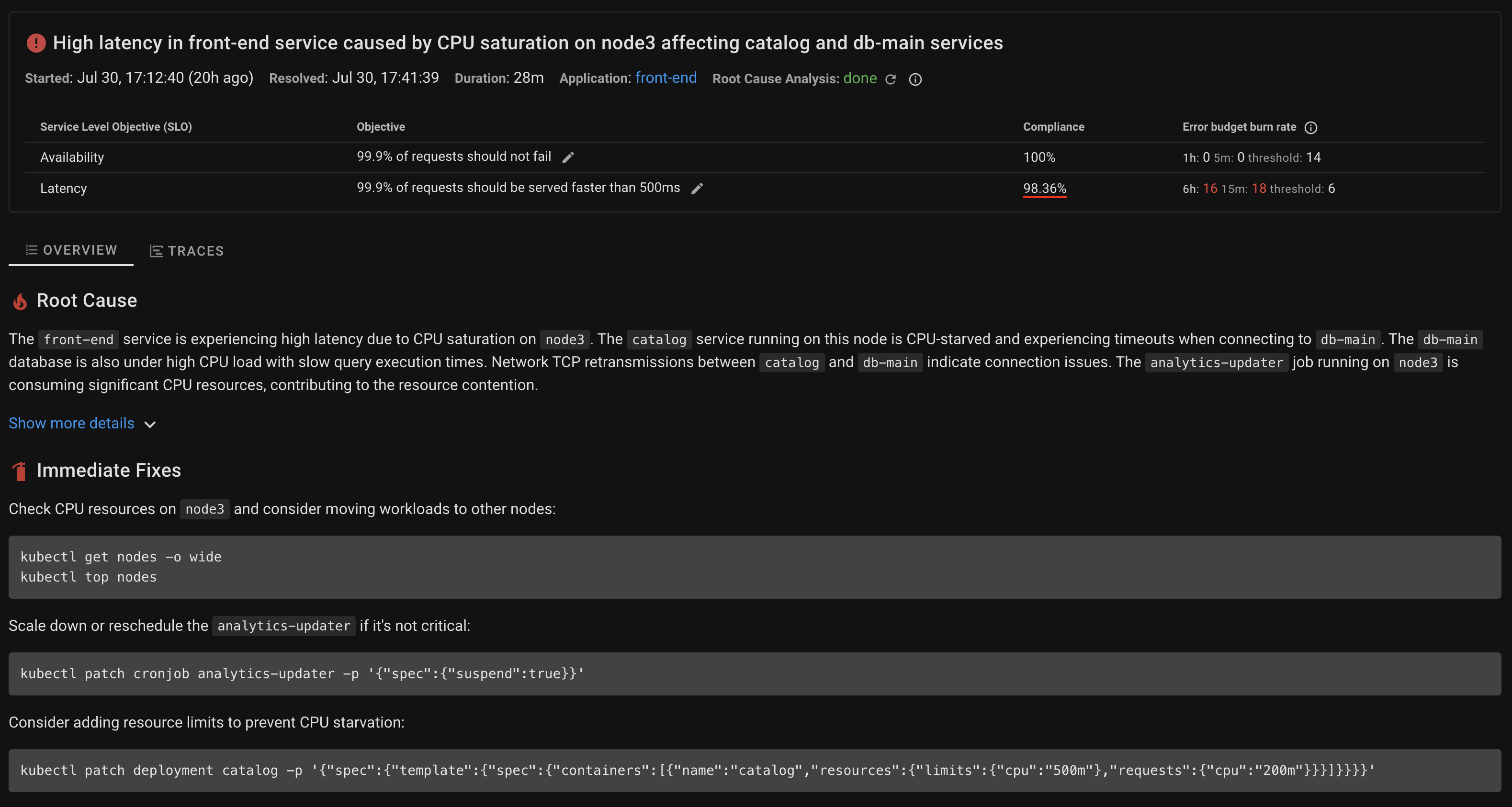 Coroot root cause analysis showing CPU saturation incident