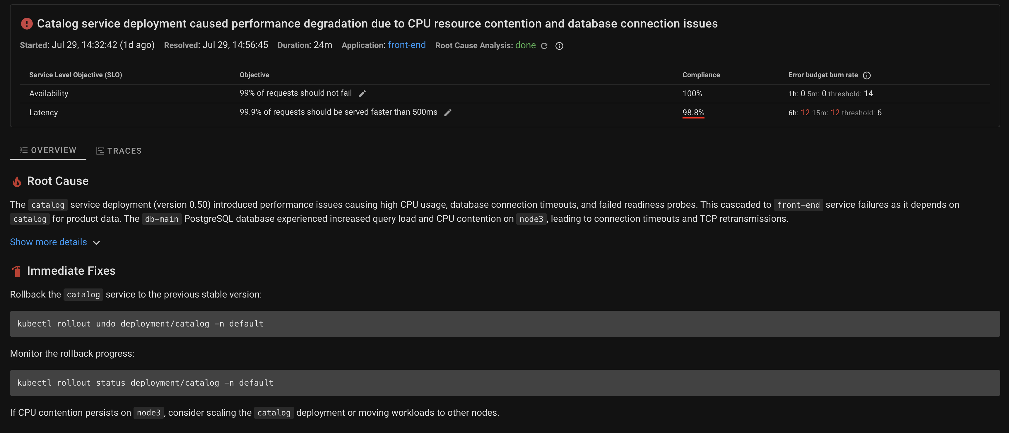 Coroot root cause analysis showing catalog deployment impact